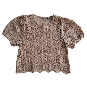 Crochet Short-Sleeve pink Blouse, puffy sleeve top M
